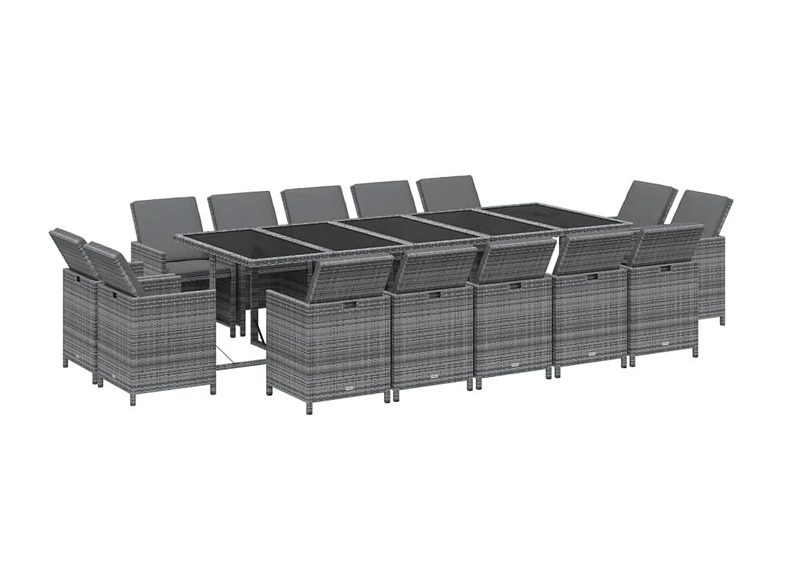 Ensemble à dîner de jardin coussins 15 pcs Résine tressée Gris