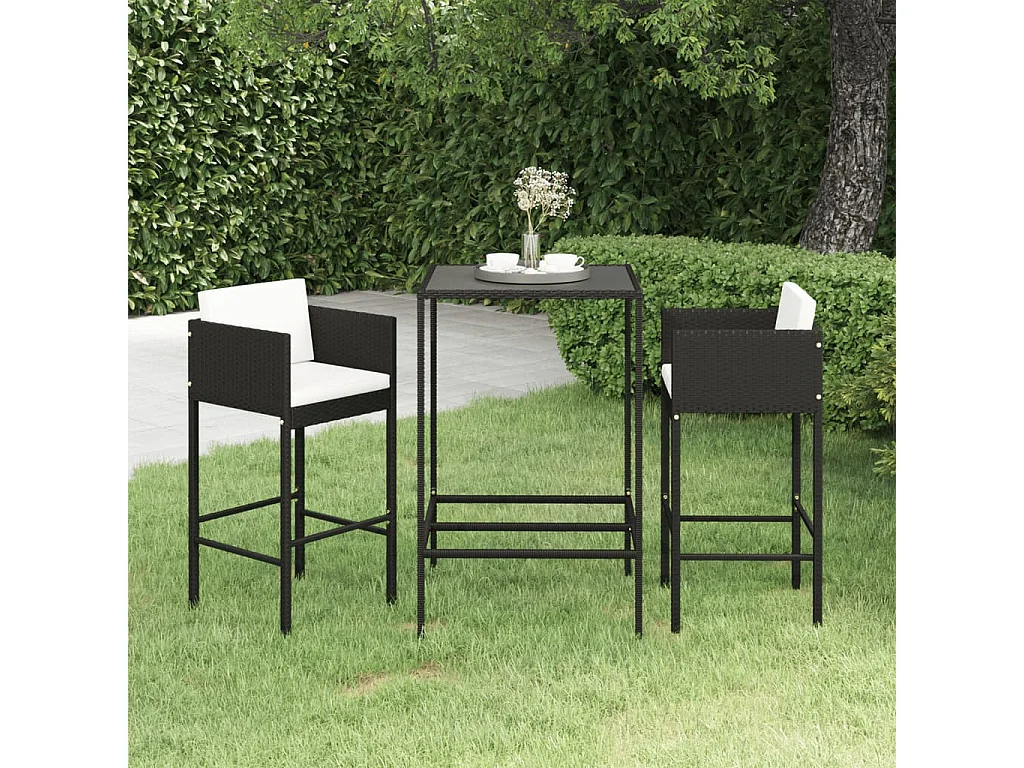 Ensemble de bar de jardin 3 pcs et coussins Résine tressée Noir 12