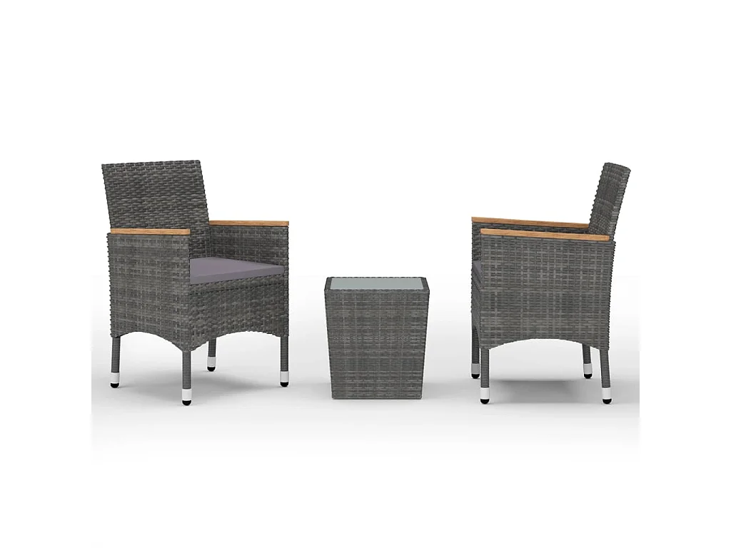 Ensemble de bistro 3 pcs Résine tressée et verre trempé Gris 2