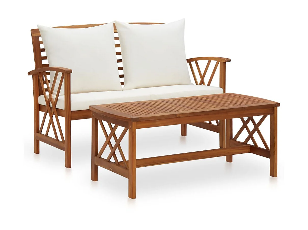 Salon de jardin 2 pcs avec coussins Bois d'acacia solide 3