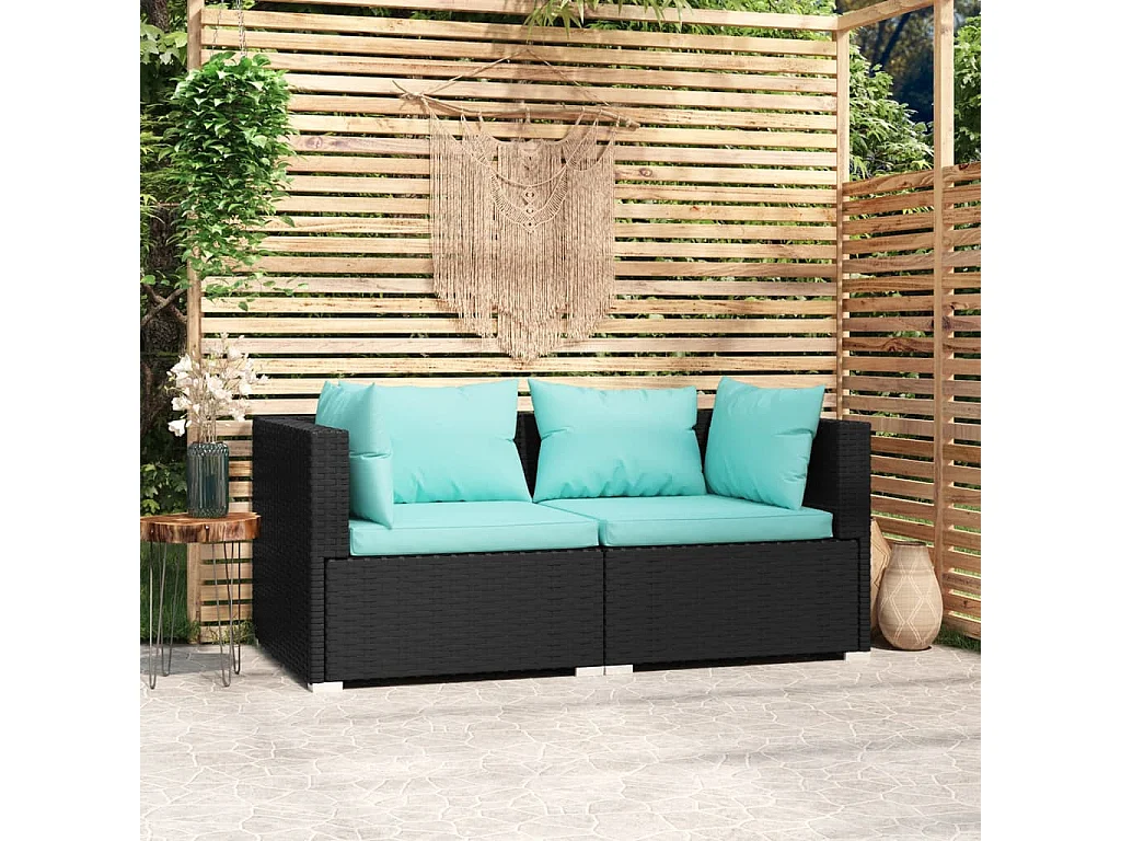 Canapé 2 places avec coussins Noir Résine tressée 2