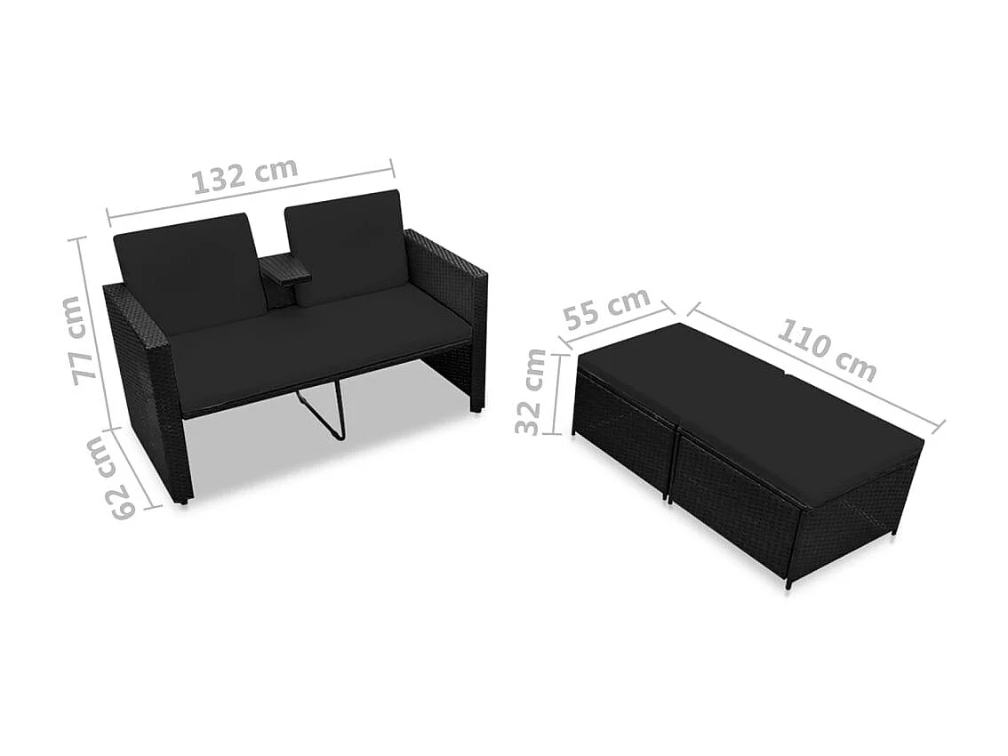 Salon de jardin 3 pcs avec coussins Résine tressée Noir 21