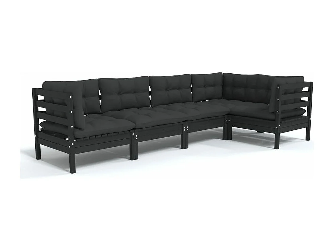Salon de jardin 5 pcs avec coussins Noir Bois de pin 6