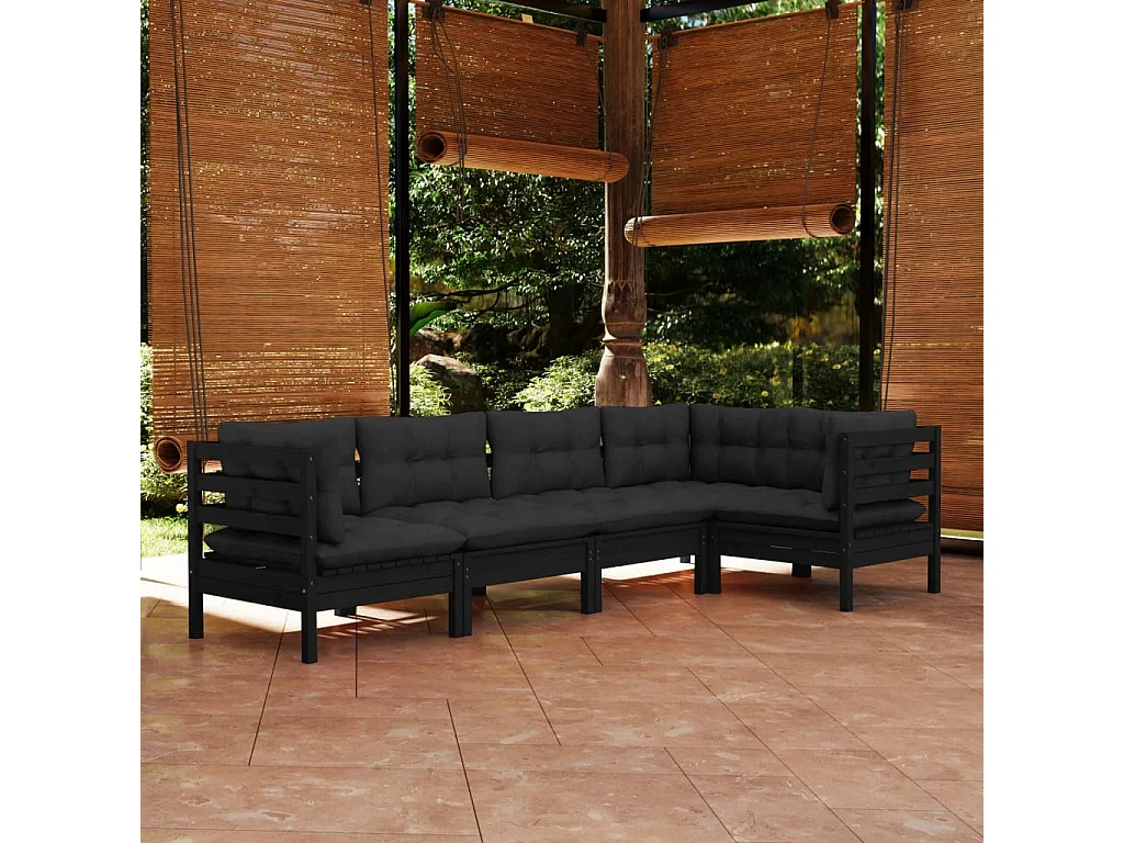 Salon de jardin 5 pcs avec coussins Noir Bois de pin 6