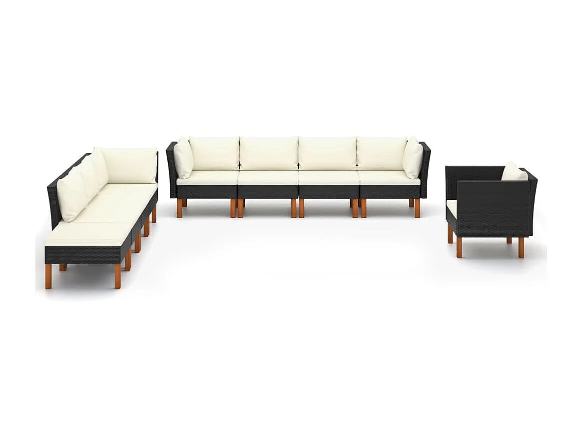 Salon de jardin 9 pcs Résine tressée et bois d'eucalyptus Noir