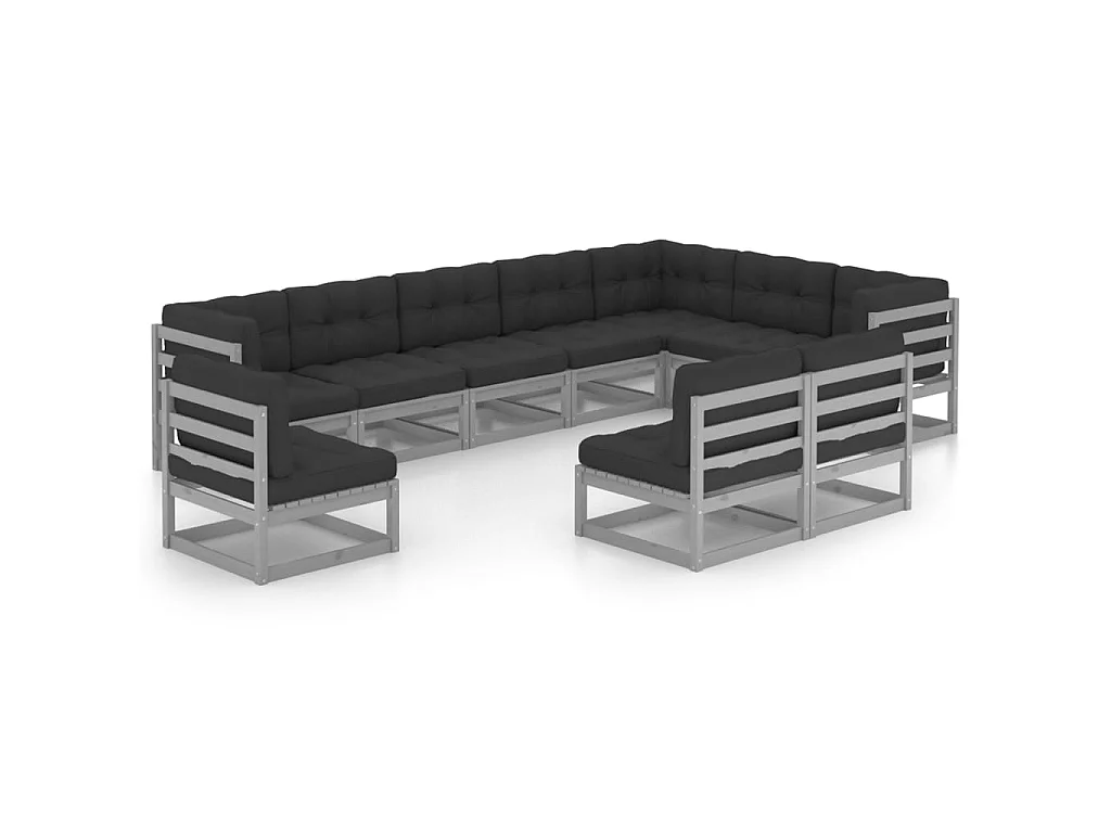 Salon de jardin 10 pcs avec coussins Gris Bois de pin massif 23