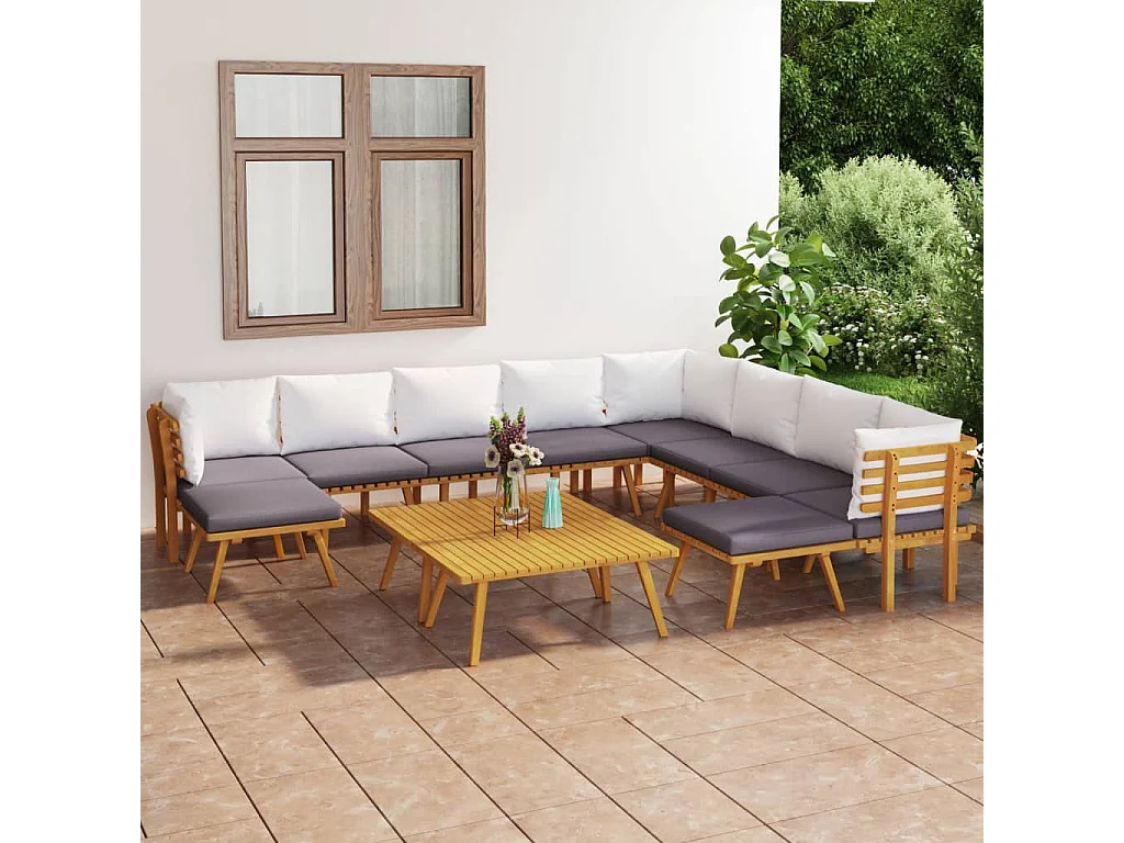 Salon de jardin 12 pcs avec coussins Bois d'acacia solide