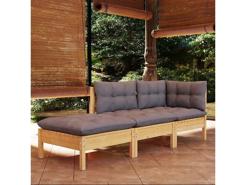 Salon de jardin 3 pcs avec coussins gris Bois de pin massif