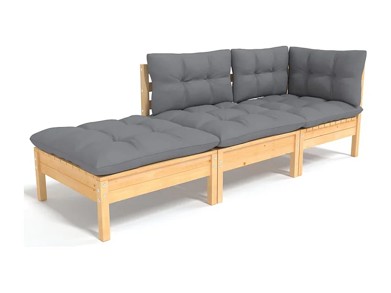 Salon de jardin 3 pcs avec coussins gris Bois de pin massif