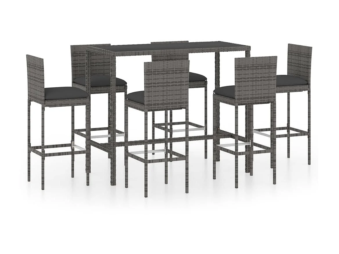 Ensemble de bar de jardin 7 pcs et coussins Résine tressée Gris 7