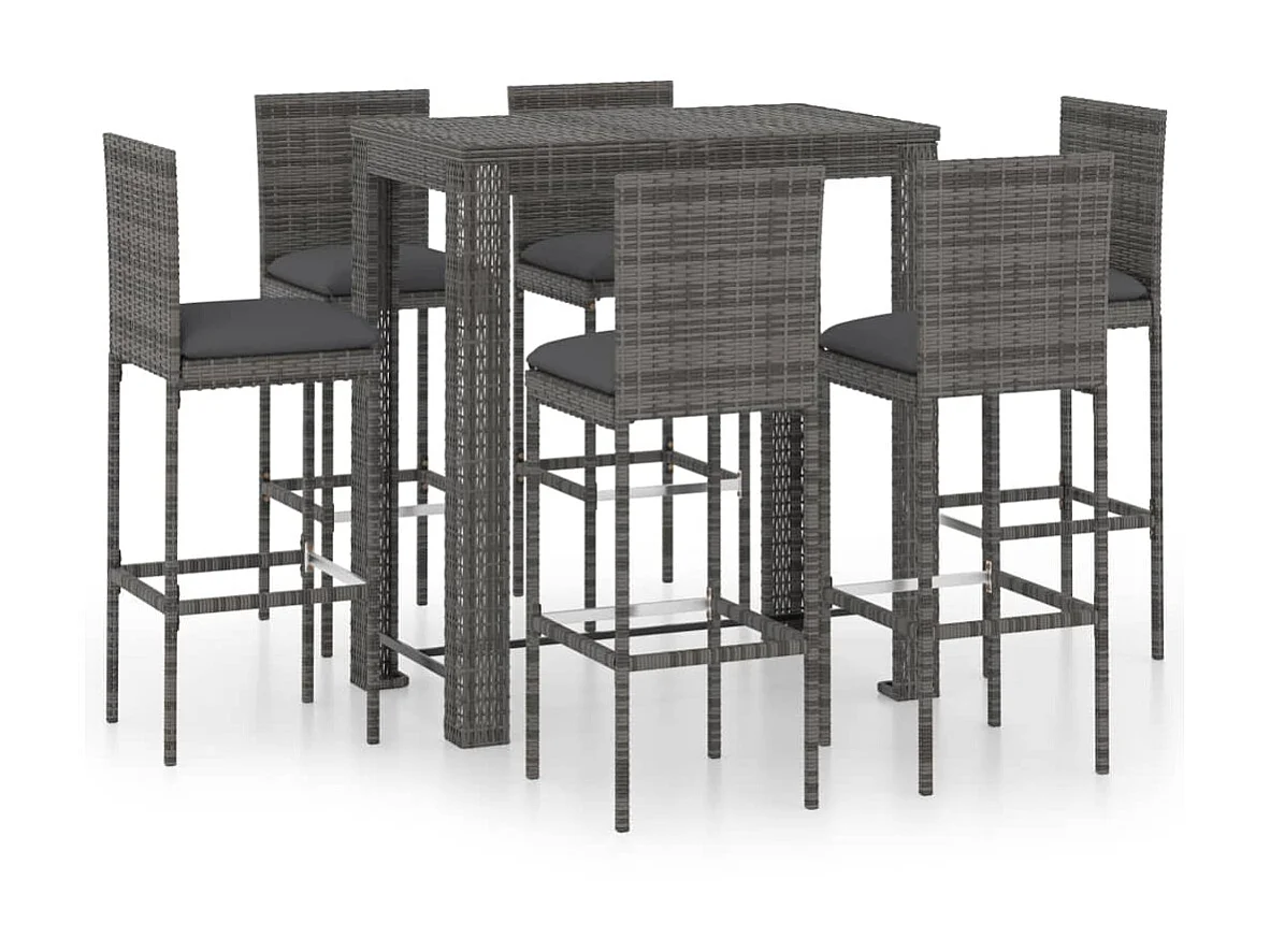 Ensemble de bar de jardin 7 pcs et coussins Résine tressée Gris 4