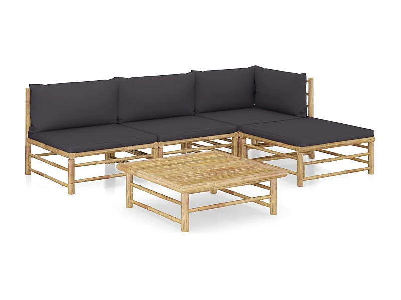 Salon de jardin 5 pcs avec coussins gris foncé Bambou 2