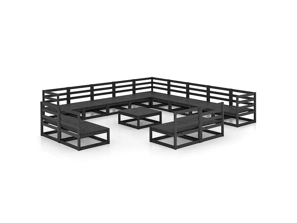 Salon de jardin 14 pcs Noir Bois de pin massif 2