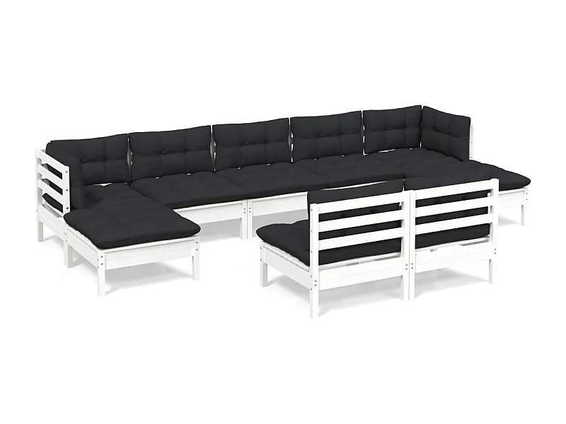 Salon de jardin 9 pcs avec coussins Blanc Bois de pin 2