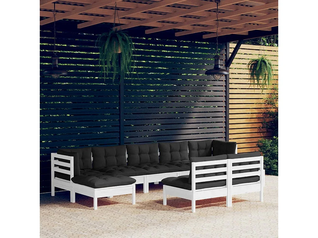 Salon de jardin 9 pcs avec coussins Blanc Bois de pin 2