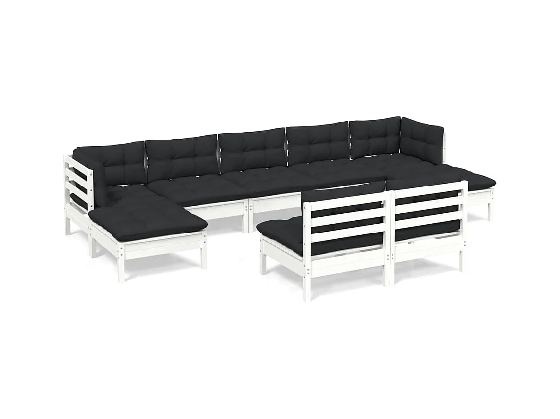 Salon de jardin 9 pcs avec coussins Blanc Bois de pin 2