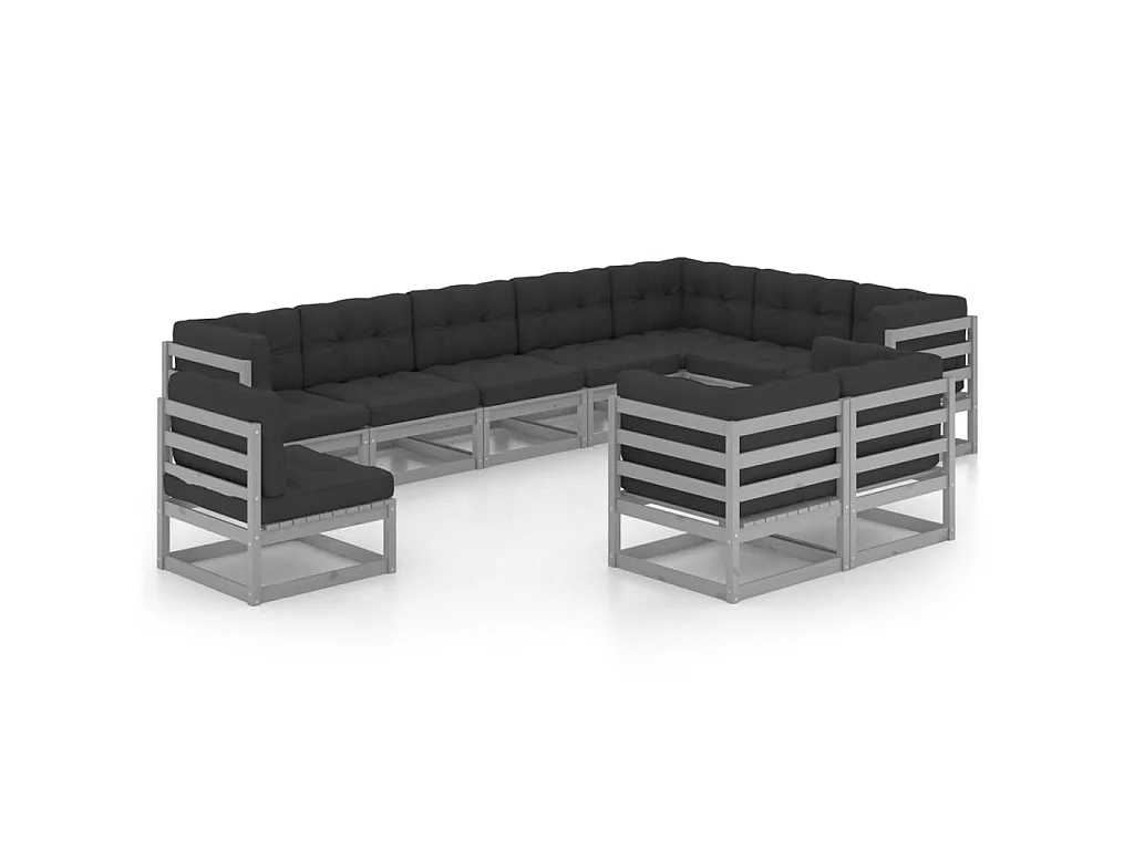 Salon de jardin 10 pcs avec coussins Gris Bois de pin massif 24