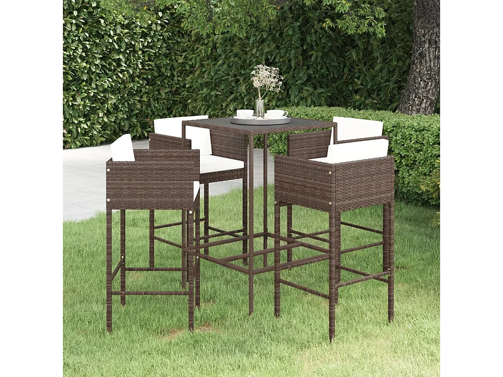 Ensemble bar de jardin 5 pcs et coussins Résine tressée Marron 4