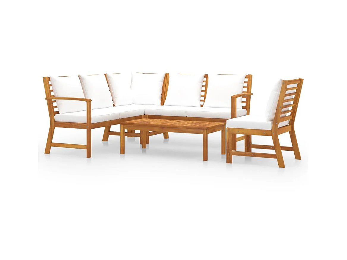 Salon de jardin 5 pcs avec coussin Crème Bois d'acacia solide 5