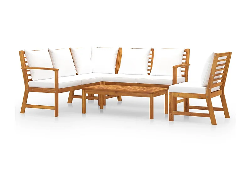 Salon de jardin 5 pcs avec coussin Crème Bois d'acacia solide 5