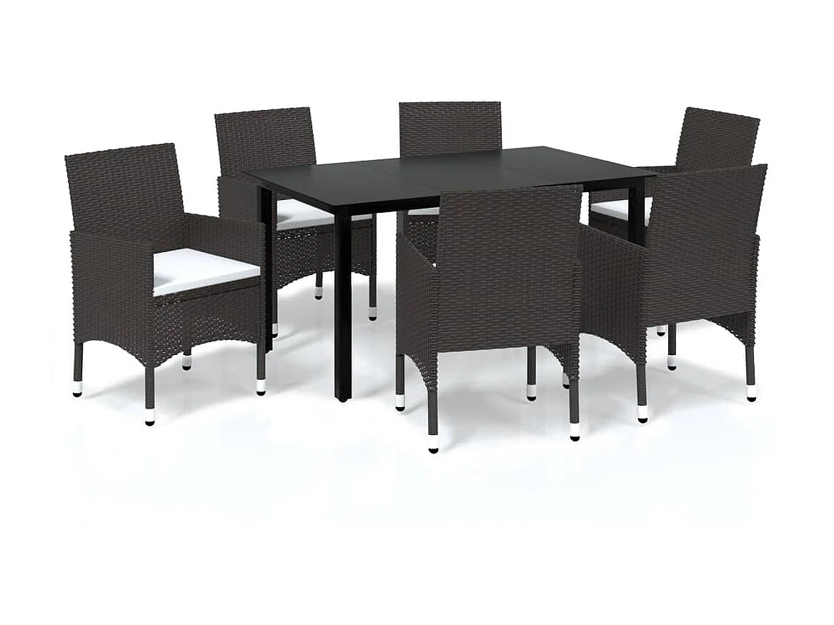 Meubles à dîner de jardin et coussins 7 pcs Poly rotin Marron