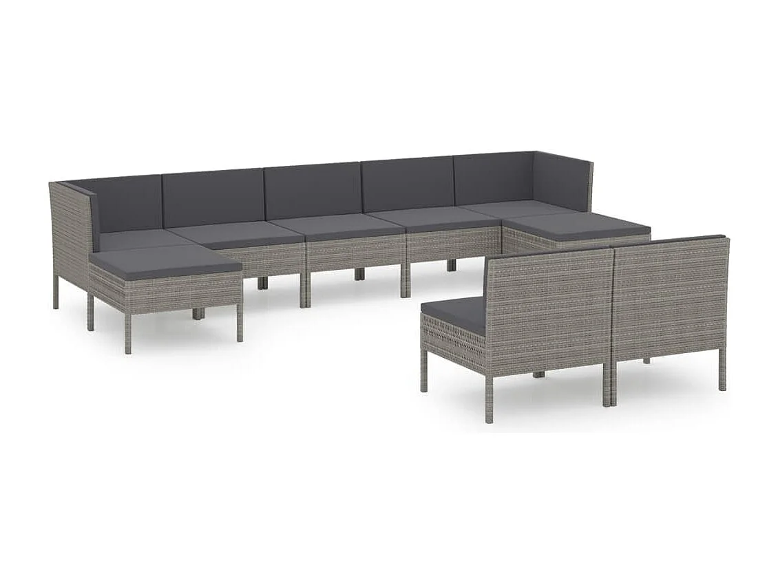 Salon de jardin 9 pcs avec coussins Résine tressée Gris 48