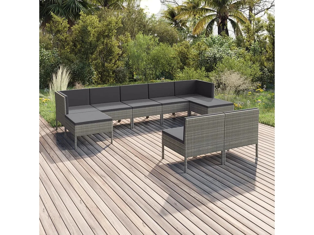 Salon de jardin 9 pcs avec coussins Résine tressée Gris 48