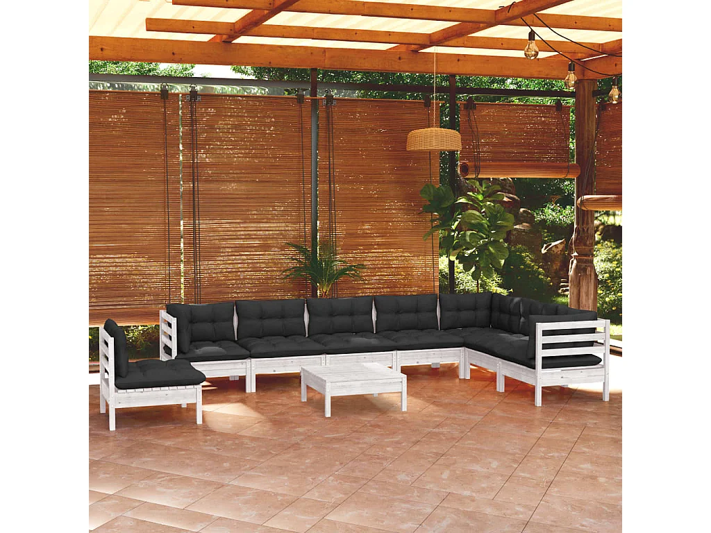 Salon de jardin 9 pcs avec coussins Blanc Bois de pin solide