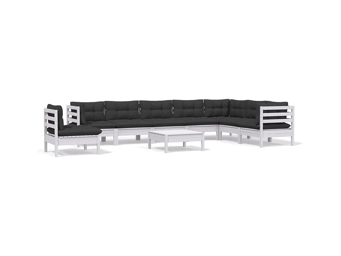 Salon de jardin 9 pcs avec coussins Blanc Bois de pin solide