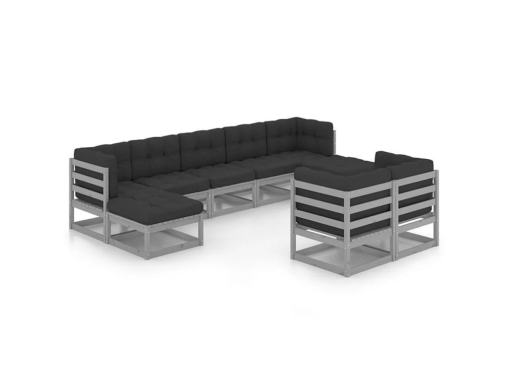 Salon de jardin 9 pcs avec coussins Gris Bois de pin massif 7