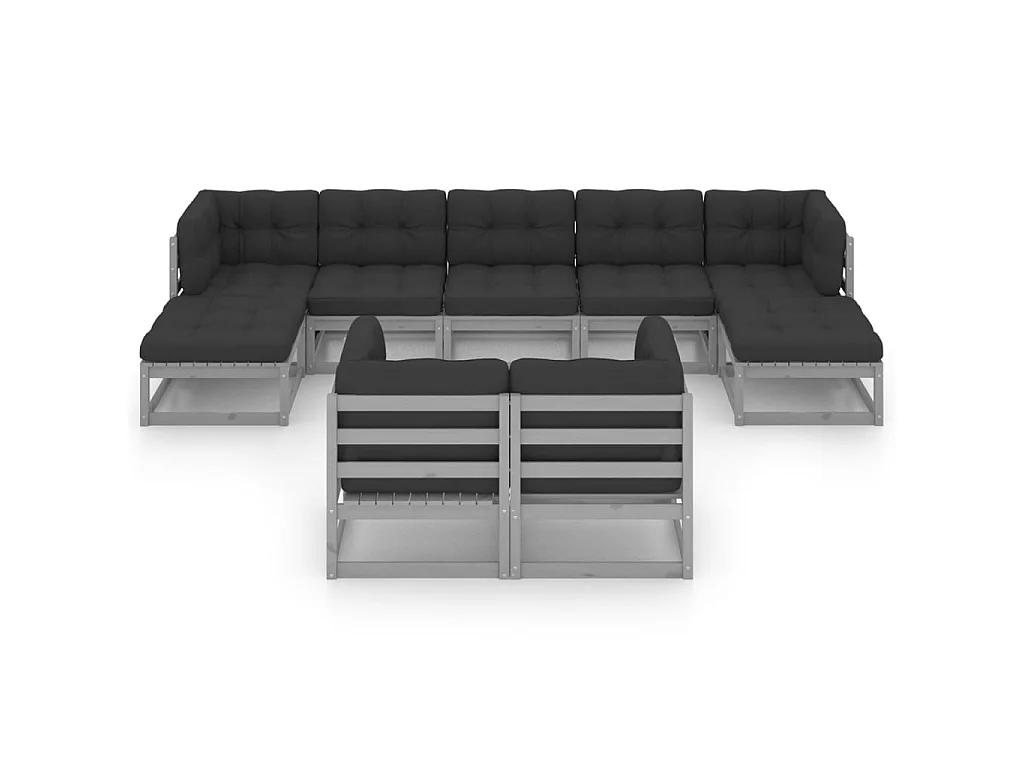 Salon de jardin 9 pcs avec coussins Gris Bois de pin massif 7