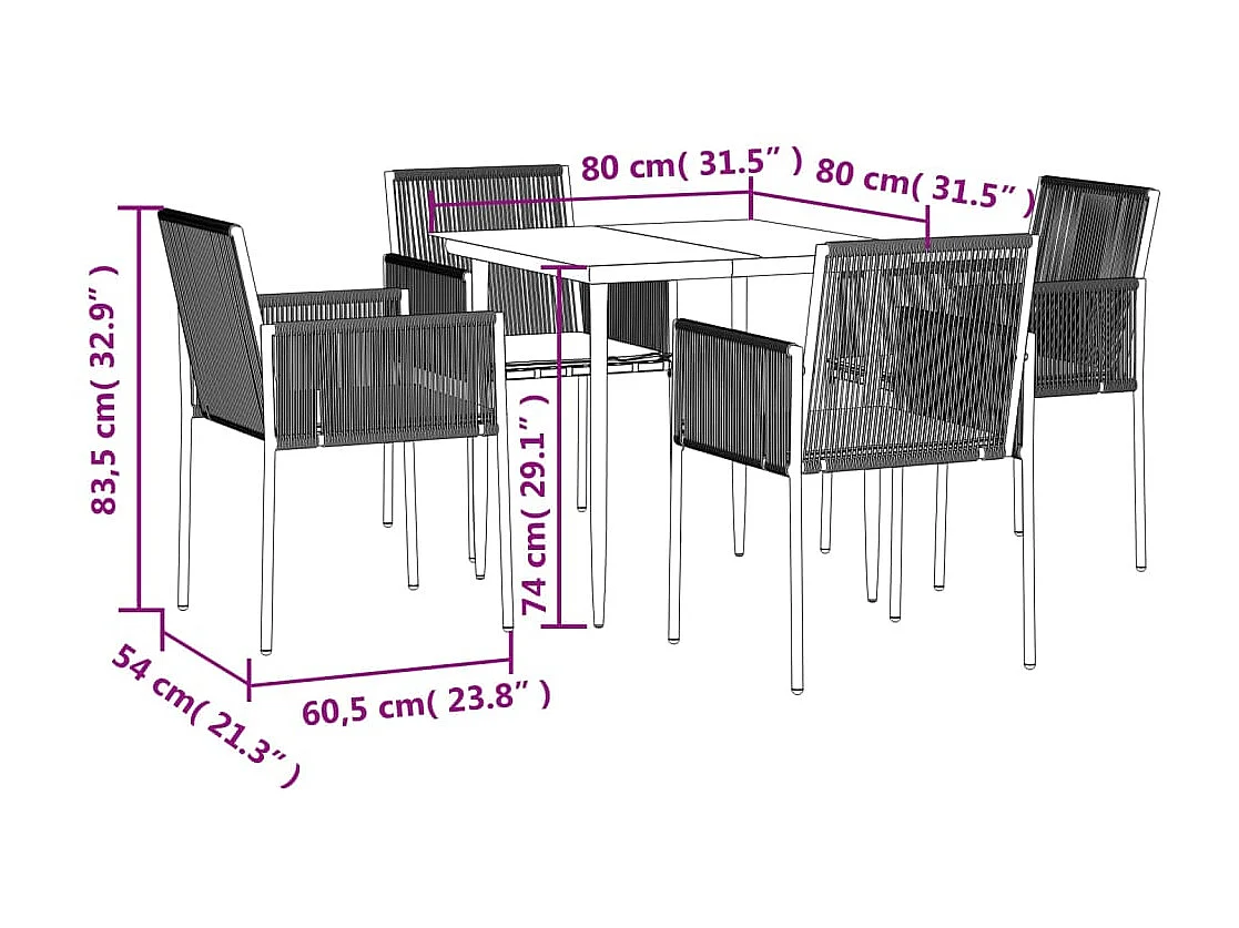 Ensemble à dîner de jardin coussins 5 pcs noir rotin et acier