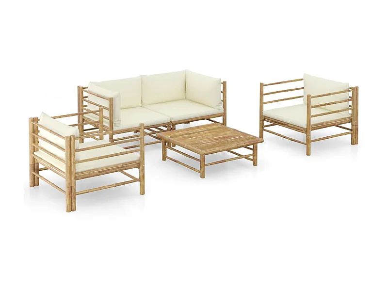 Salon de jardin 5 pcs avec coussins blanc crème Bambou 4