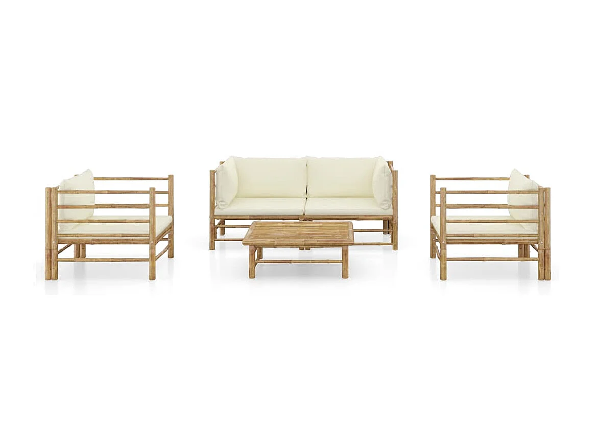Salon de jardin 5 pcs avec coussins blanc crème Bambou 4