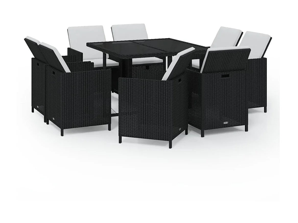 Mobilier à dîner de jardin et coussins 9pcs Résine tressée Noir