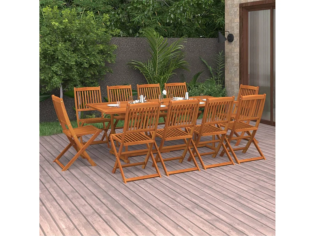 Set de comedor para jardín 11 piezas madera maciza de acacia Marrón