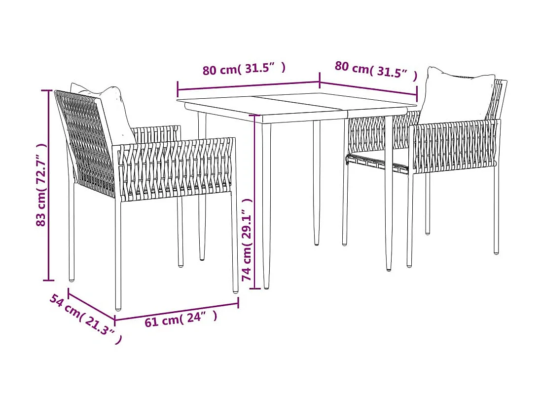 Ensemble à manger de jardin 3 pcs coussins résine tressée acier