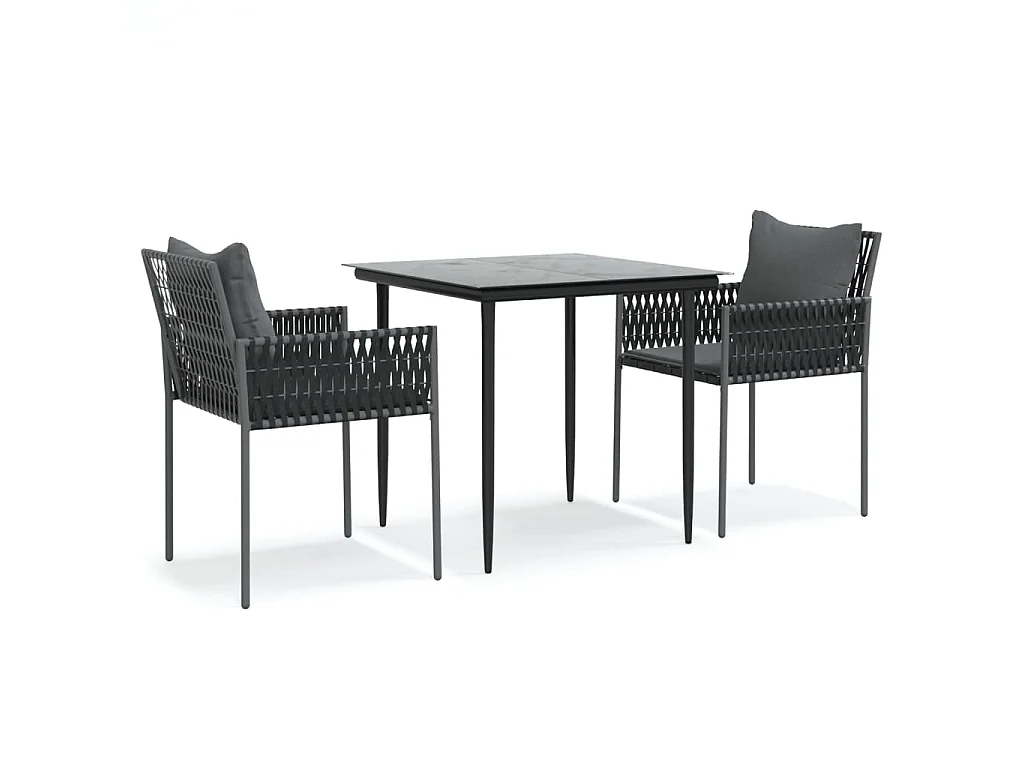 Juego comedor jardín 3 piezas y cojines ratán sintético y acero Negro