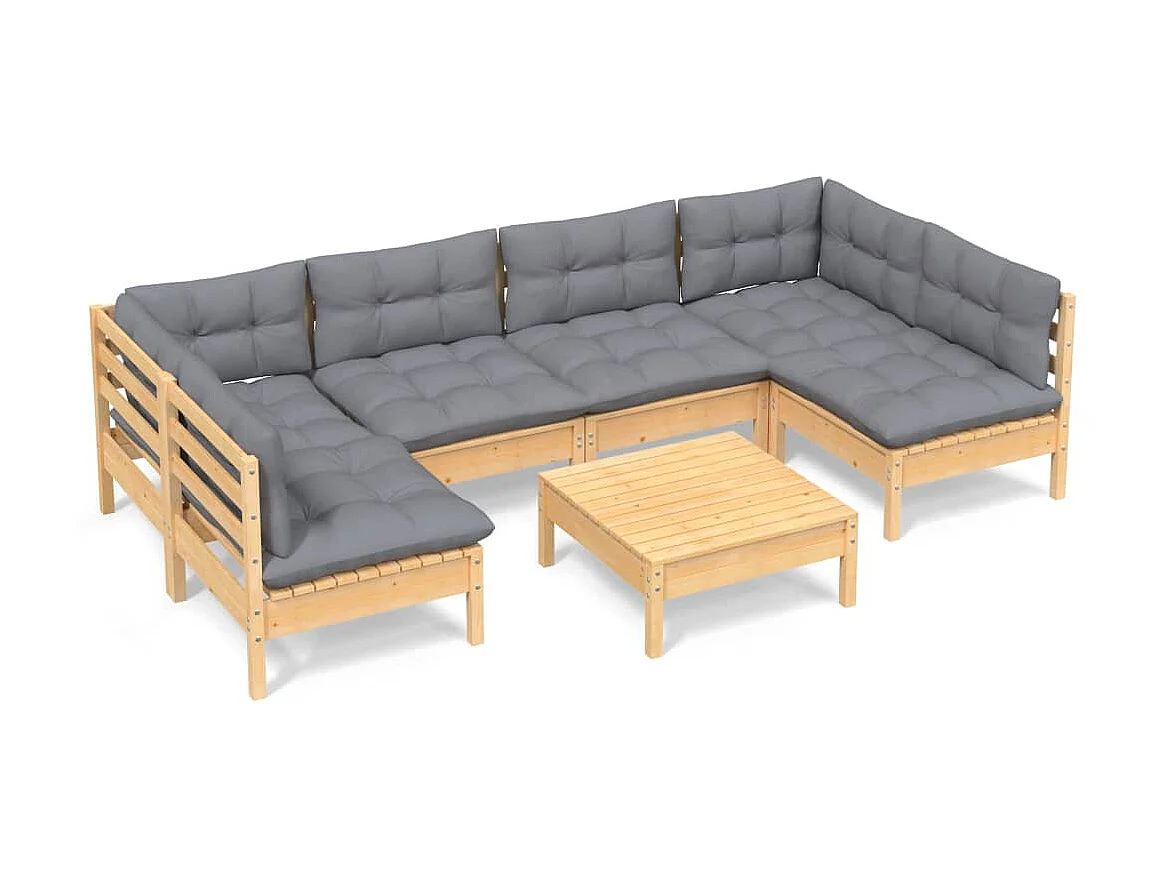 Salon de jardin 7 pcs avec coussins gris Bois de pin massif 6