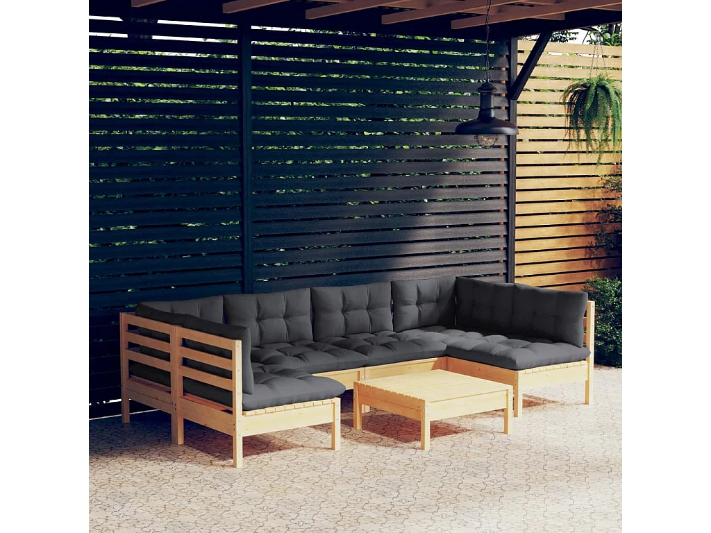 Salon de jardin 7 pcs avec coussins gris Bois de pin massif 6