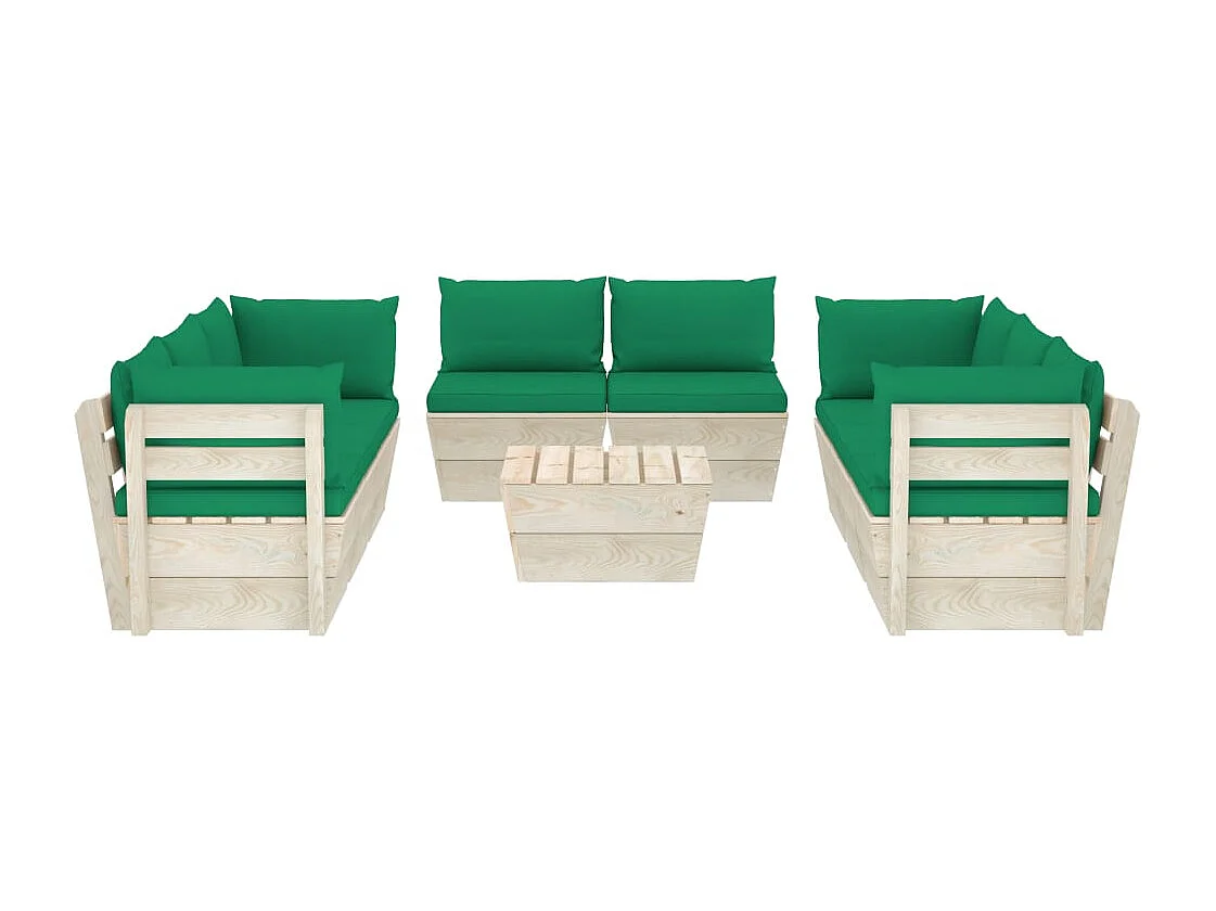 Muebles de jardín de palets 9 piezas y cojines madera de abeto Verde