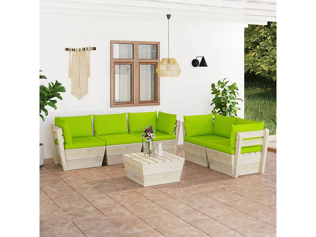 Salon de jardin palette 6 pcs avec coussins Épicéa imprégné 23