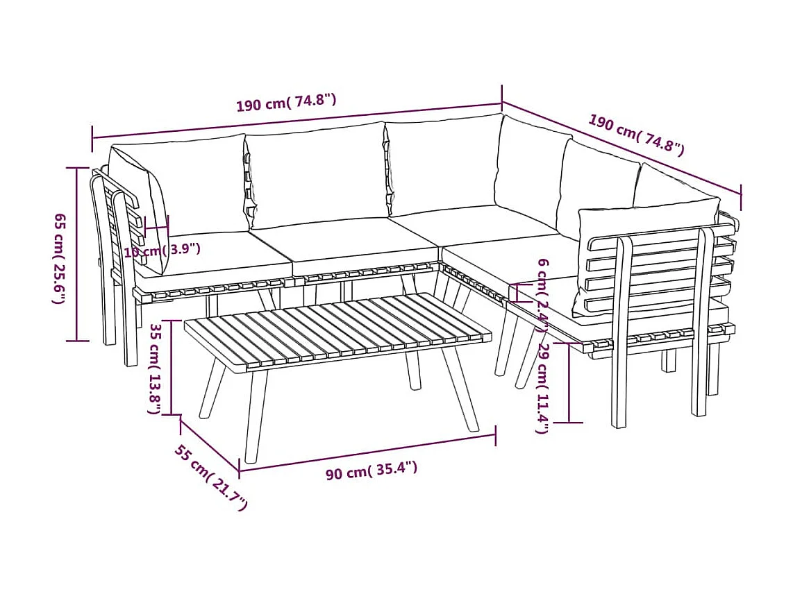 Salon de jardin 6 pcs avec coussins Bois d'acacia solide 2