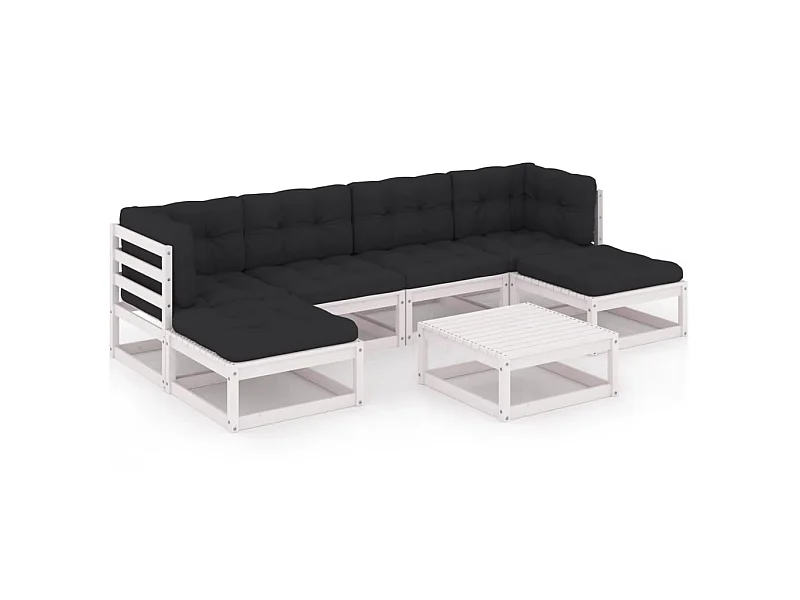 Salon de jardin 7 pcs avec coussins Blanc Bois de pin massif 6