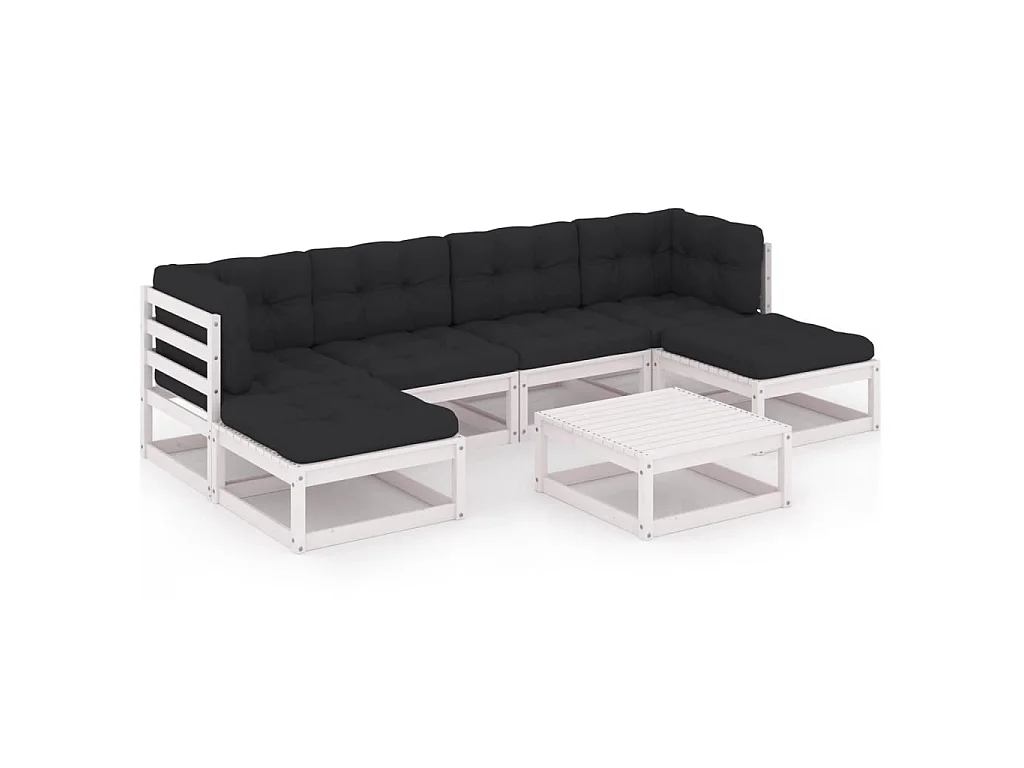 Salon de jardin 7 pcs avec coussins Blanc Bois de pin massif 6