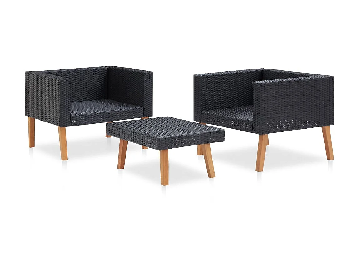 Salon de jardin 3 pcs avec coussins Résine tressée Noir 20