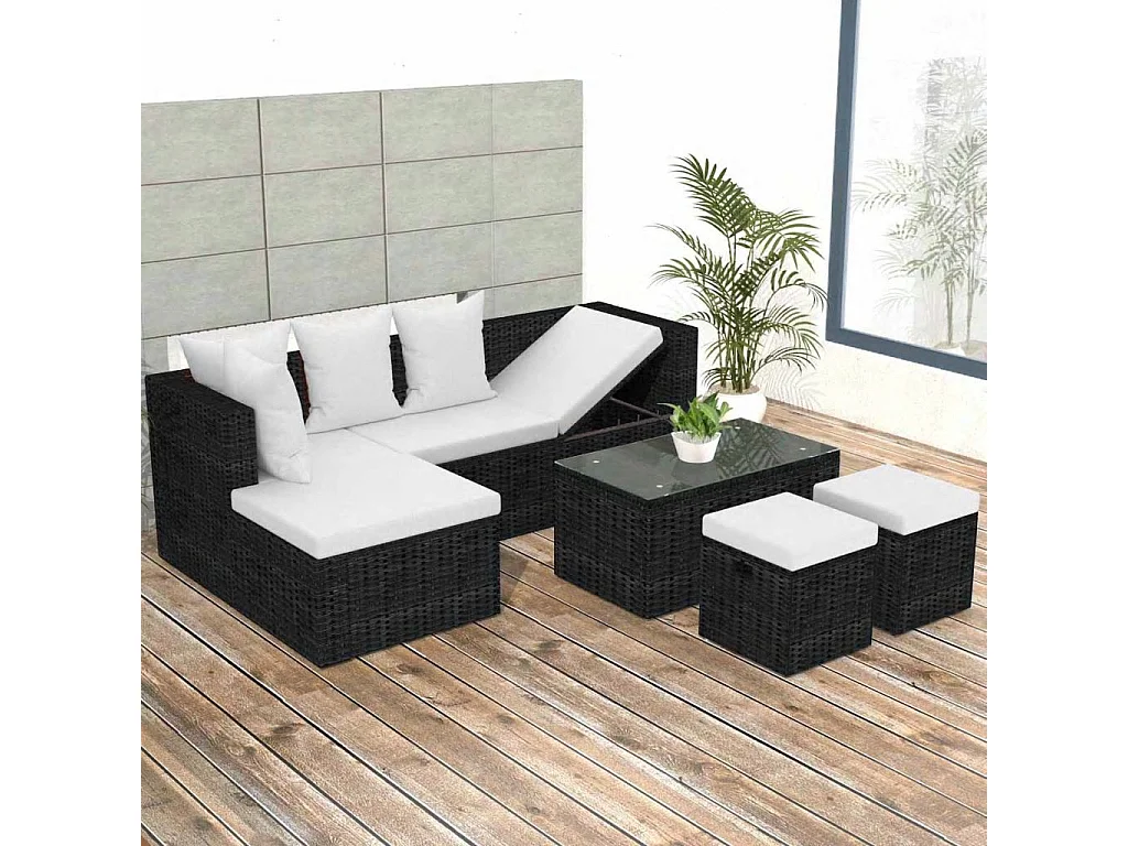 Salon de jardin 4 pcs avec coussins Résine tressée Noir 22