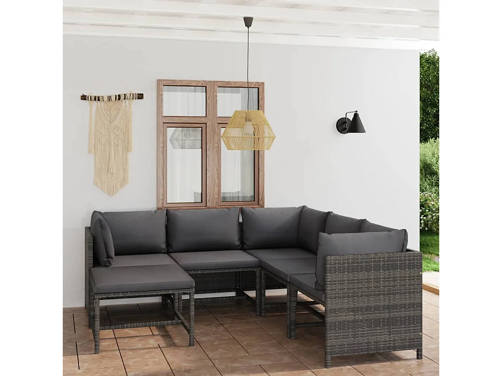 Salon de jardin 6 pcs avec coussins Résine tressée Gris 4