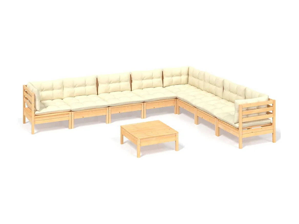 Muebles de jardín 9 pzas y cojines madera maciza de pino crema