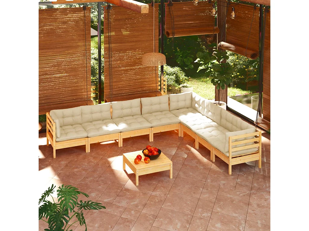 Muebles de jardín 9 pzas y cojines madera maciza de pino crema